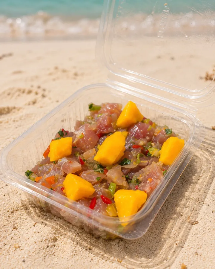Tartare de thon au coulis de mangue, livré sur le sable de la plage de Sainte-Anne